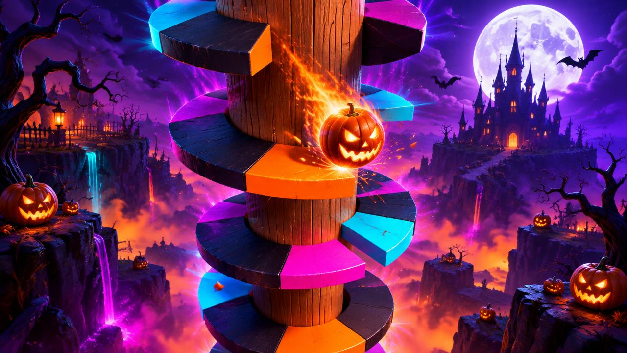 Helix: torre espiral de Halloween com abóbora flamejante descendo as plataformas